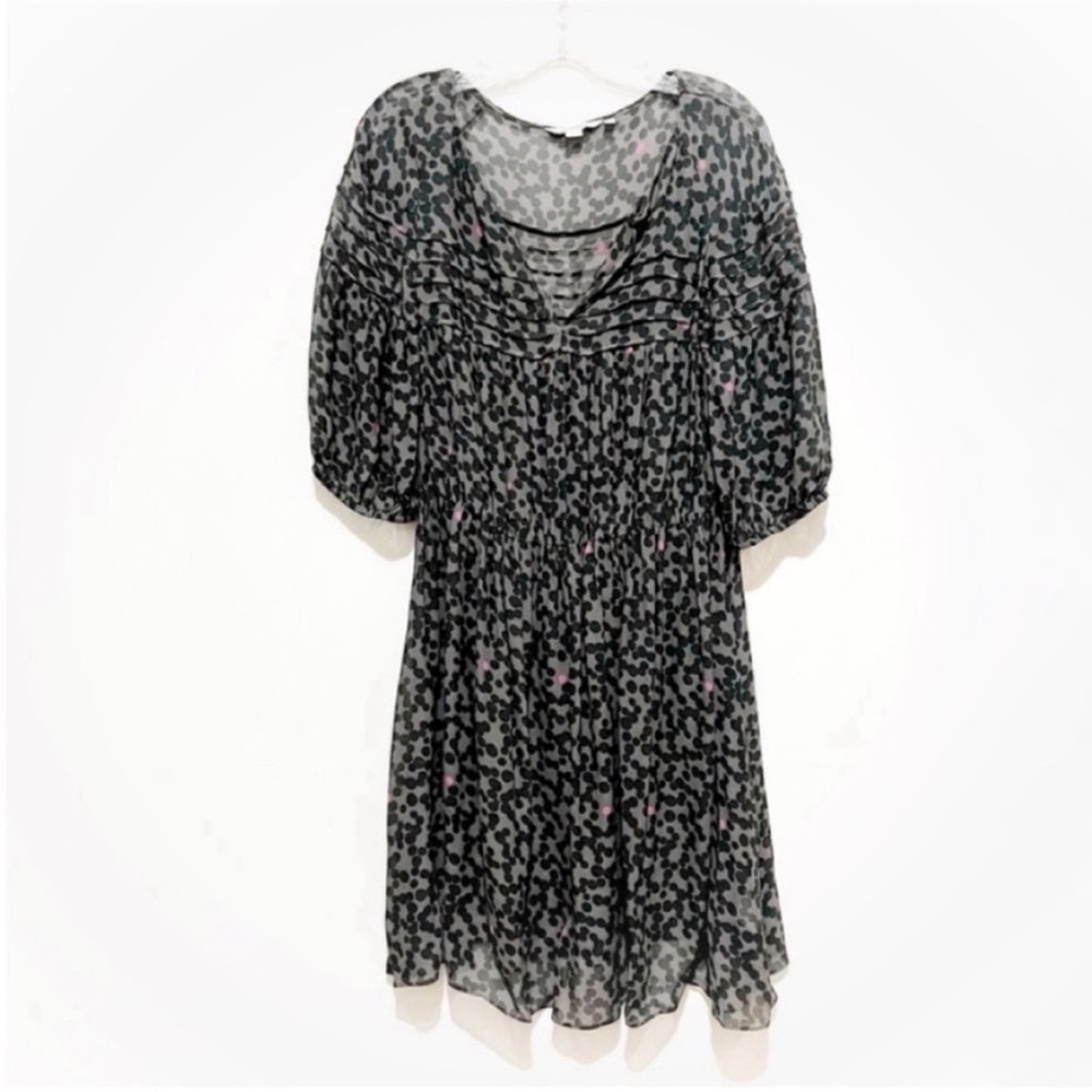Boden abstract print dress gray black dots viscose pleated flowy puff sleeves - Picture 1 of 10